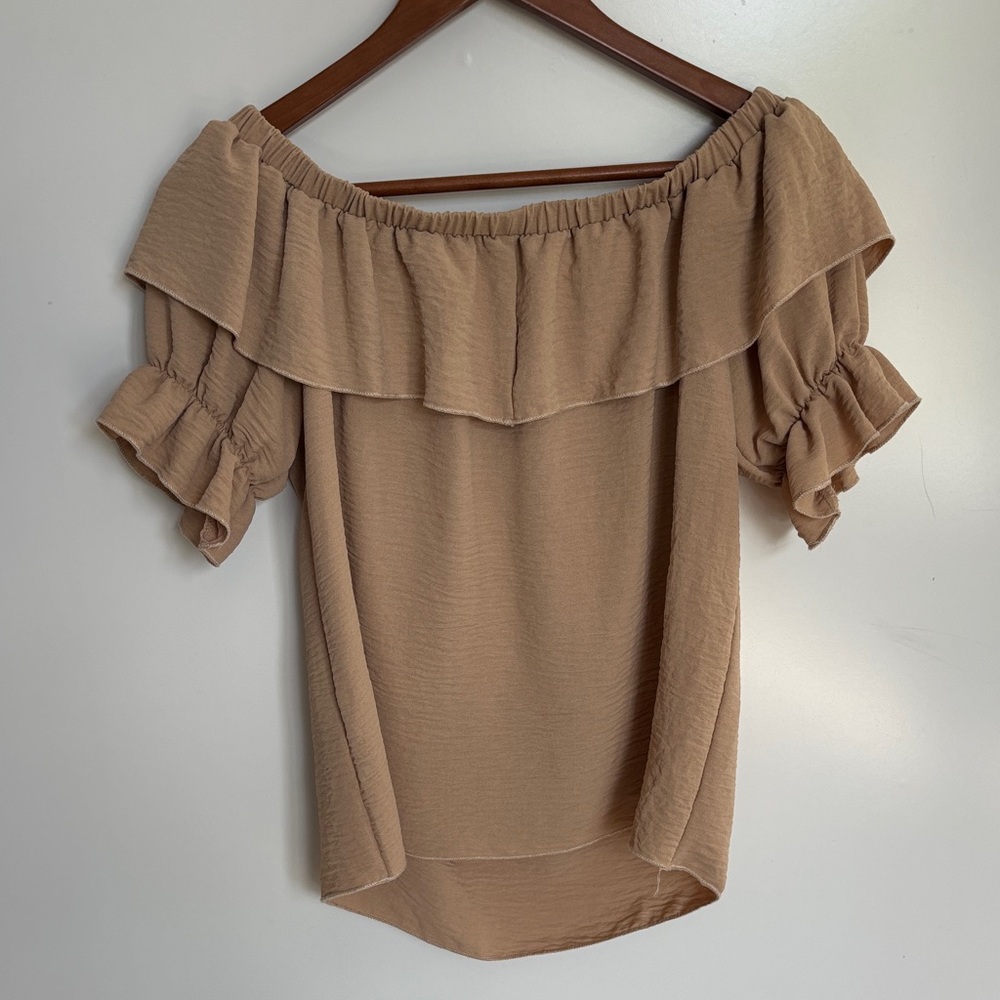 Tan Off-Shoulder Ruffle Blouse - Picture 6 of 9